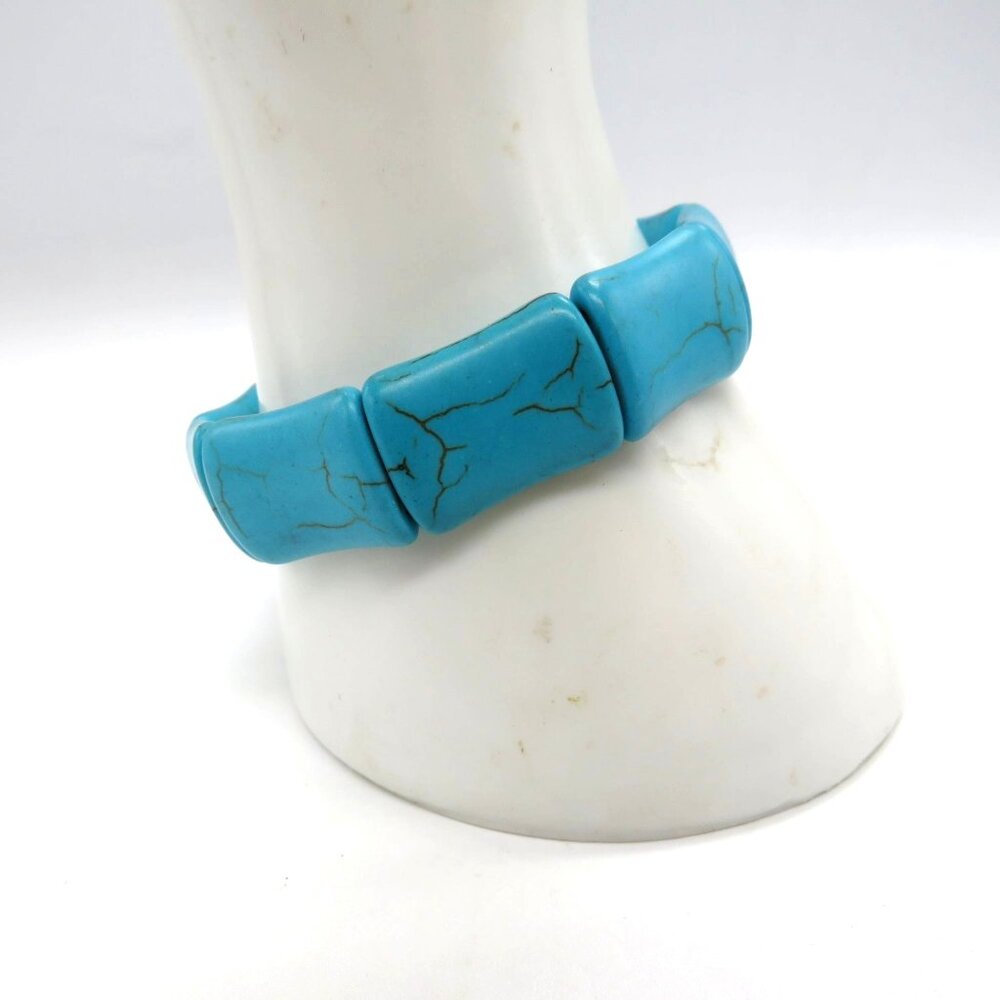Howlite Stone Bracelet‎ Blue Dyed Stretch Square Rectangle Beads